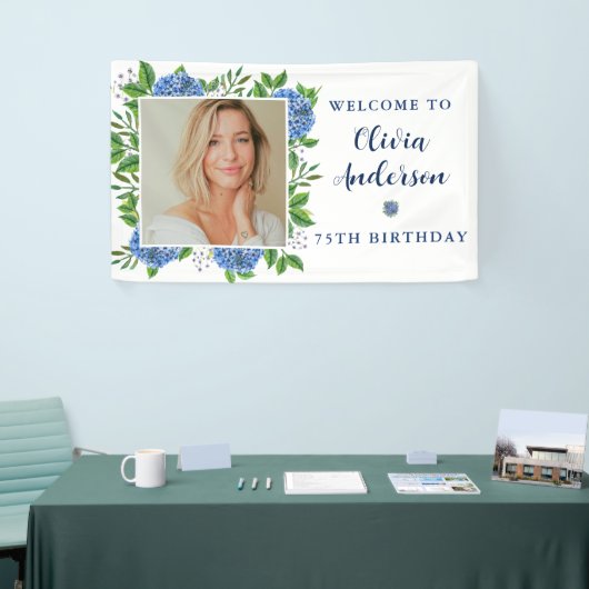 Elegant Hydrangea Custom Photo 75th Birthday Party Spandoek (Beurs)