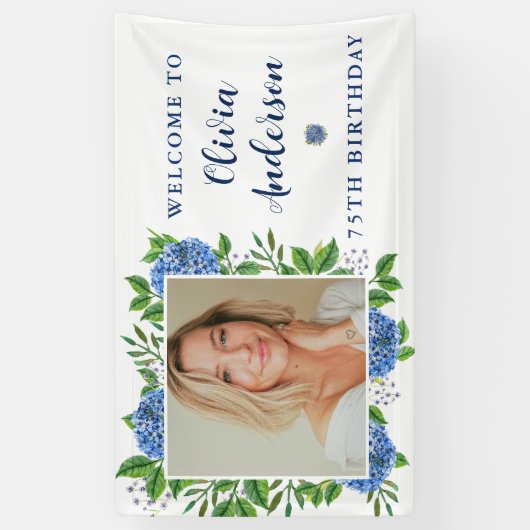 Elegant Hydrangea Custom Photo 75th Birthday Party Spandoek (Verticaal)