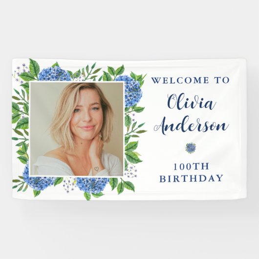 Elegant Hydrangea Foto 100e verjaardag Spandoek (Horizontaal)
