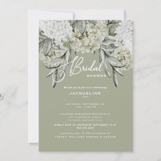 Elegant Hydrangea Sage Bridal Shower Invitation Kaart (Voorkant)