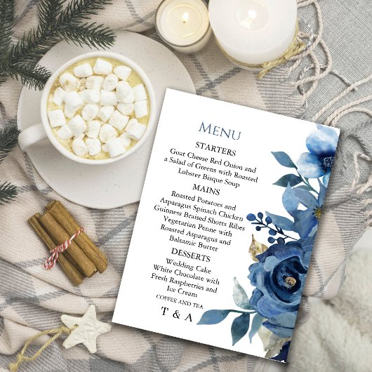 Elégant Ice Blue Winter Floral Menu Invitation