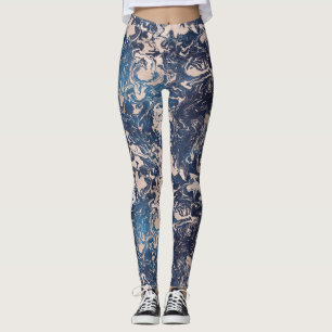 Elegant Indigo Blue Roze Cream Marble Pattern Yoga Leggings