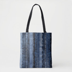Elegant Indigo Kant Streep Denim Patroon Draagtas