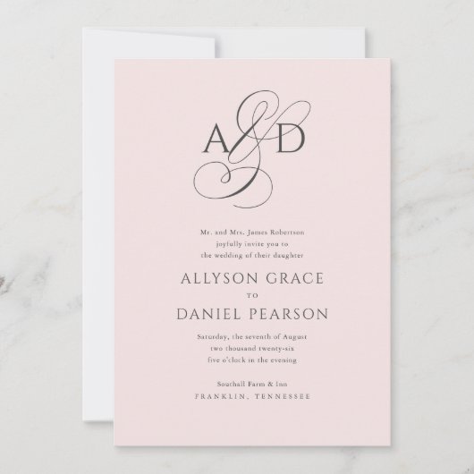 Elegant Initiaal Script Monogram Blush Pink Wedden Kaart (Voorkant)