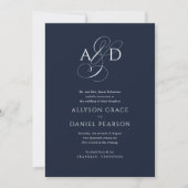 Elegant Initiaal Script Monogram Navy Blue Wedding Kaart (Voorkant)