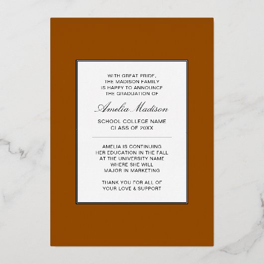 Elegant Ink Script Photo Afstudeerder Rust Oranje  Folie Uitnodiging (Achterkant)