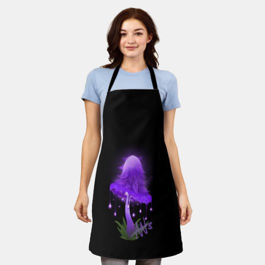 Elegant Inky Pet Gloeiende Paarse Paddestoel Zwart Schort (Gedragen)