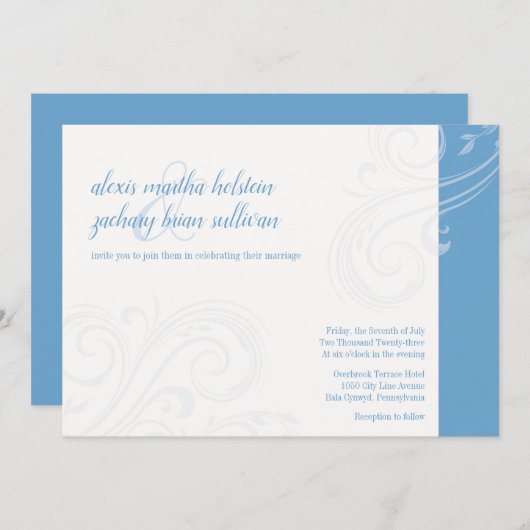 Élégant Invitation bleu, Caroline Mariage (Devant / Derrière)