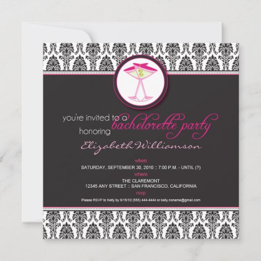 Élégant Invitation Damask Bachelorette (rose) (Devant)