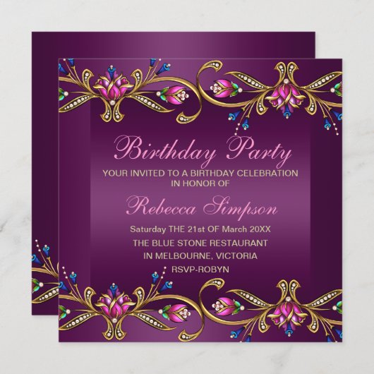 Élégant Invitation d'anniversaire de juments flora (Devant / Derrière)