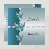 Elégant Invitation d'anniversaire Turquoise Papill (Devant / Derrière)