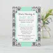 Élégant Invitation de Baby shower Damask (Debout devant)
