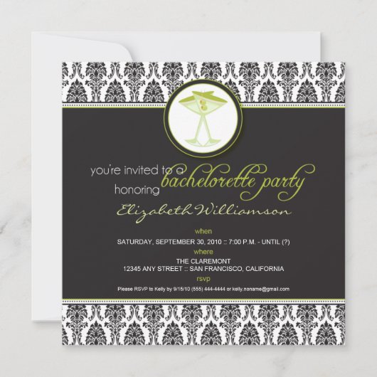 Élégant Invitation de bachelorette Damask (chaux) (Devant)