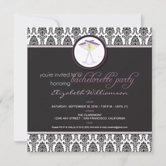 Élégant Invitation de bachelorette Damask (violet) (Devant)