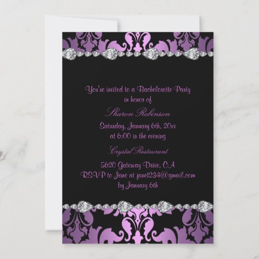 Élégant Invitation de bachelorette violet Damask (Dos)