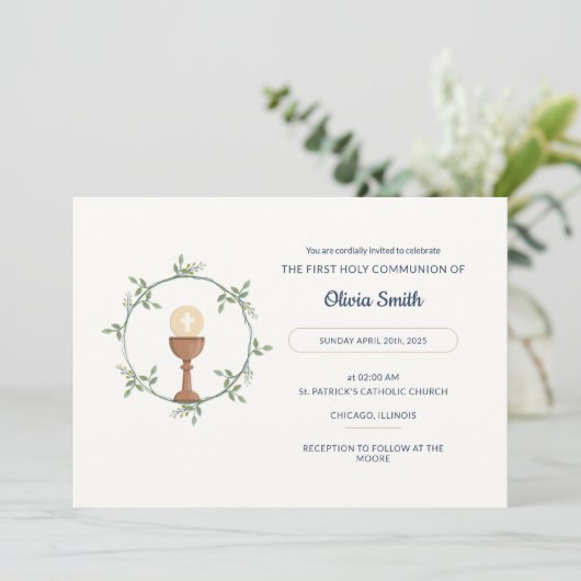 Élégant Invitation de communion - Couronne florale (Debout devant)