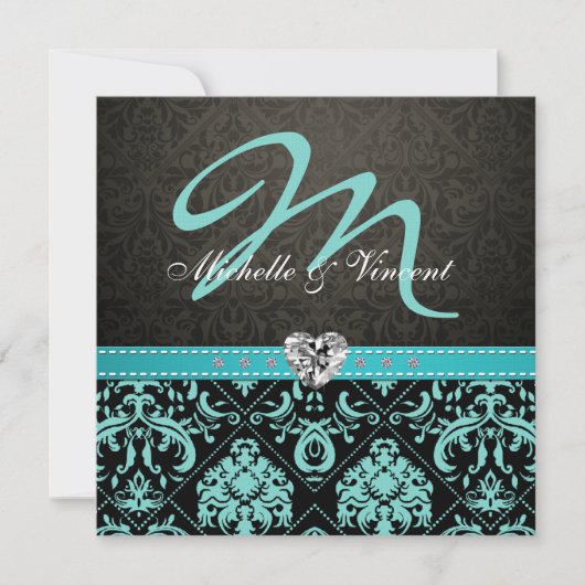 Élégant Invitation de monogramme bleu Aqua / noir (Devant)