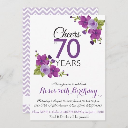 Élégant Invitation de peinture violette 70e annive (Devant / Derrière)