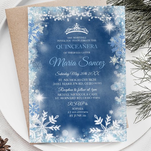 Élégant Invitation de Quinceanera Bleu Bleu Hiver