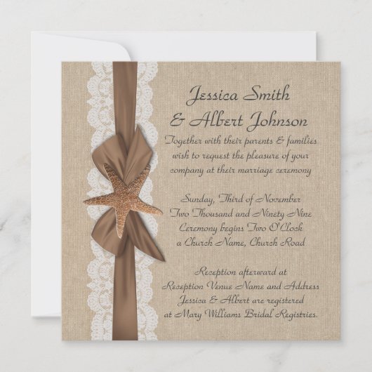 Élégant Invitation de ruban Burlap de 5,25 po x 5, (Devant)