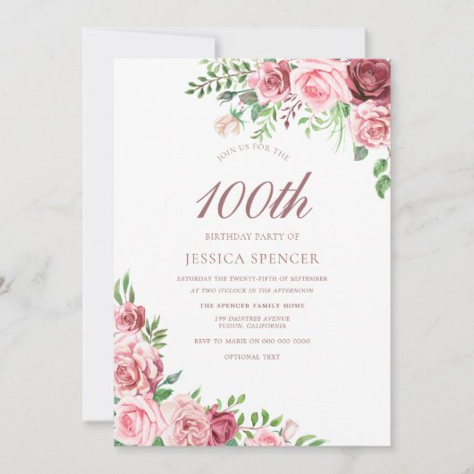 Élégant Invitation du 100e anniversaire rose et bo (Devant)