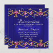 Élégant Invitation Floral Gem Blue Quinceañera (Devant / Derrière)