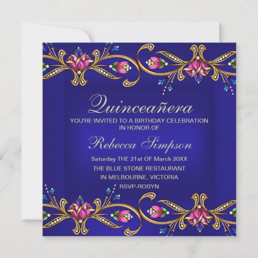 Élégant Invitation Floral Gem Blue Quinceañera (Devant)