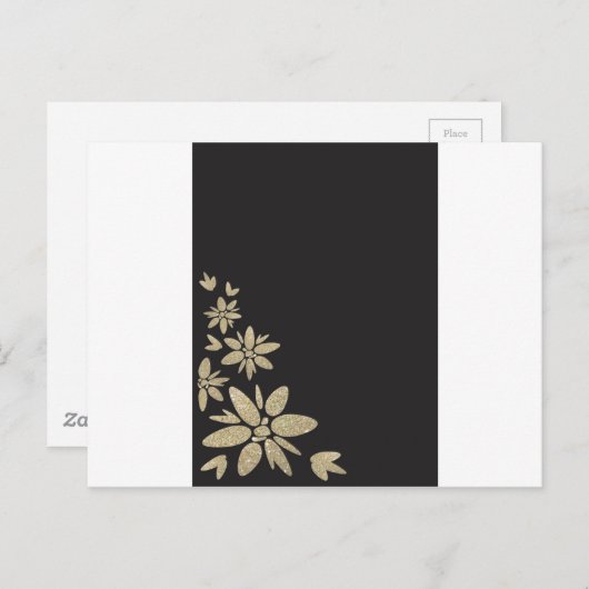 Élégant invitation noir blanc avec fleurs d'or (Devant / Derrière)