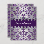 Élégant Invitation pourpre et argent damassé doux1 (Devant / Derrière)