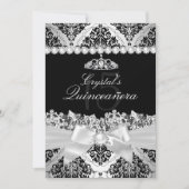 Élégant Invitation Silver Damask & Bow Quinceanera (Devant)