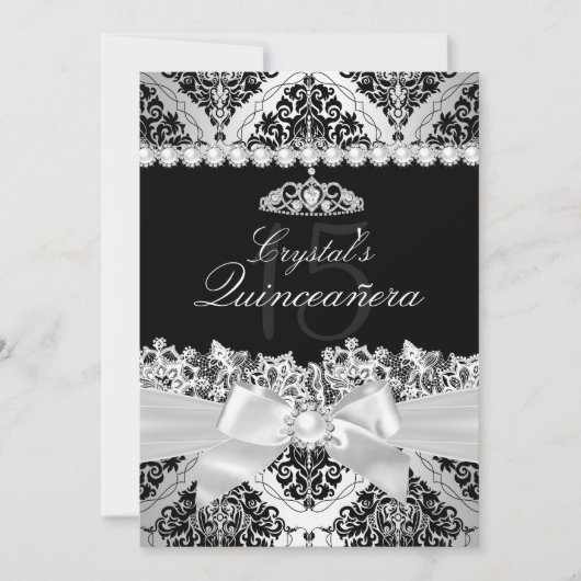 Élégant Invitation Silver Damask & Bow Quinceanera (Devant)