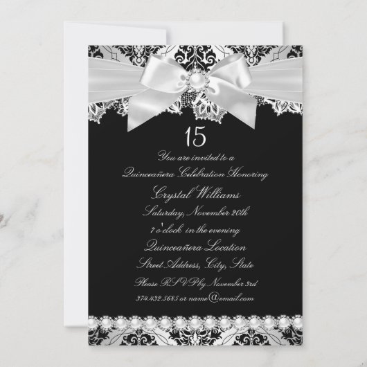 Élégant Invitation Silver Damask & Bow Quinceanera (Dos)