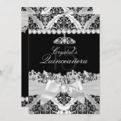 Élégant Invitation Silver Damask & Bow Quinceanera (Devant / Derrière)