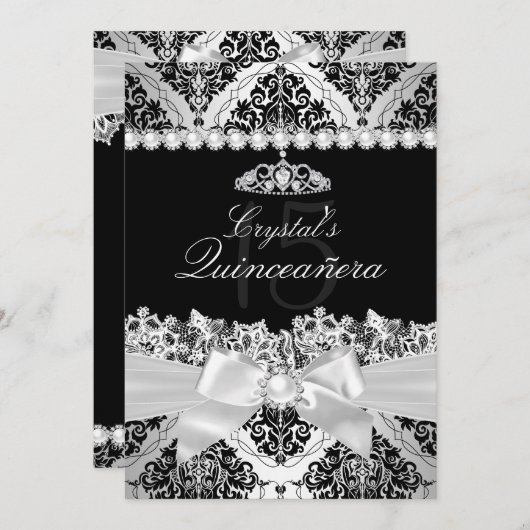 Élégant Invitation Silver Damask & Bow Quinceanera (Devant / Derrière)