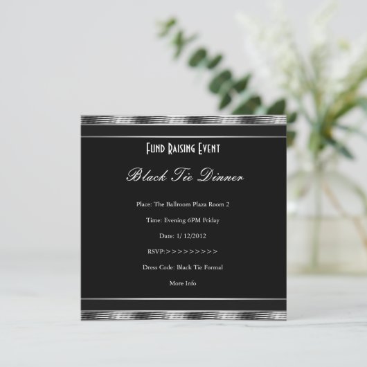 Elegant Invite Fundraiser Formal Silver Black Stro Kaart (Staand voorkant)