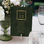 Élégant invités de mariage assise numéro de table<br><div class="desc">Moderne classique chasseur foncé vert et métal or tendance typographie minimaliste personnalisé dîner table d'hôte carte graphique sur un arrière - plan vintage à l'allure pénible avec cadre.                Papier à lettres mariage correspondant disponible dans la collection.</div>