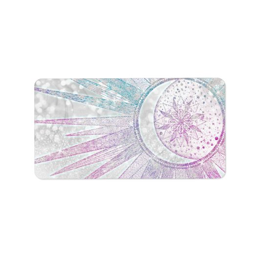 Elegant Iridescent Sun Moon Mandala Silver Design Etiket (Voorkant)