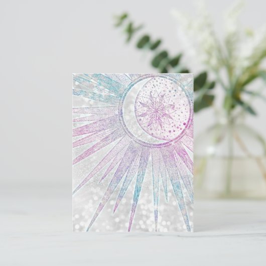 Elegant Iridescent Sun Moon Mandala Silver Design Feestdagenkaart (Staand voorkant)