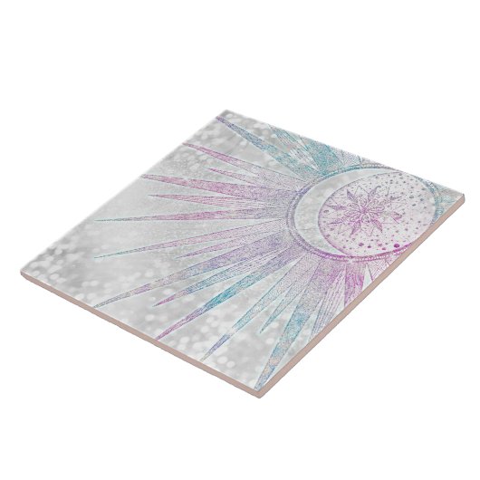 Elegant Iridescent Sun Moon Mandala Silver Design Tegeltje (Zijkant)