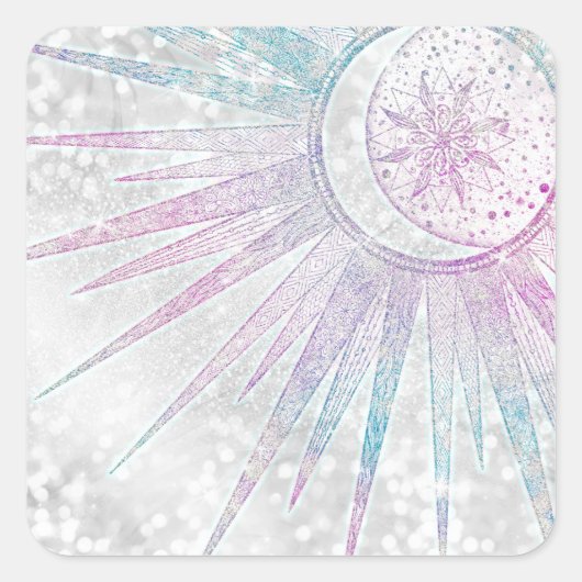 Elegant Iridescent Sun Moon Mandala Silver Design Vierkante Sticker (Voorkant)