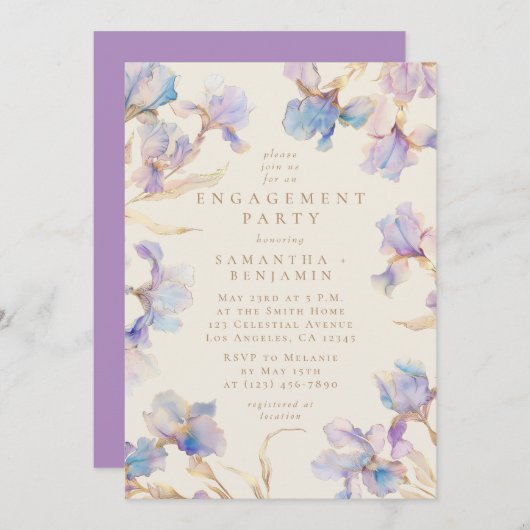 Elegant Iris Bloemen Waterverf Verlovingsfeest Kaart (Voorkant / Achterkant)