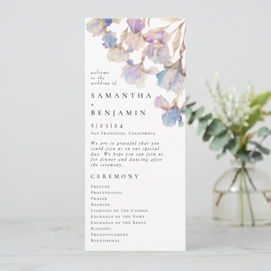 Élégant Iris Floral Mariage Flat Programme (Debout devant)