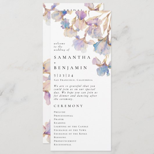 Élégant Iris Floral Mariage Flat Programme (Devant / Derrière)
