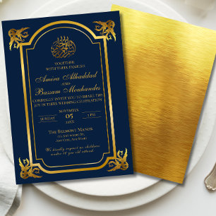 Elegant Islamitisch Bruiloft Donkerblauw en Goud Kaart