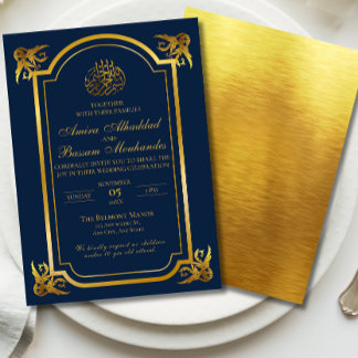 Elegant Islamitisch Bruiloft Donkerblauw en Goud Kaart