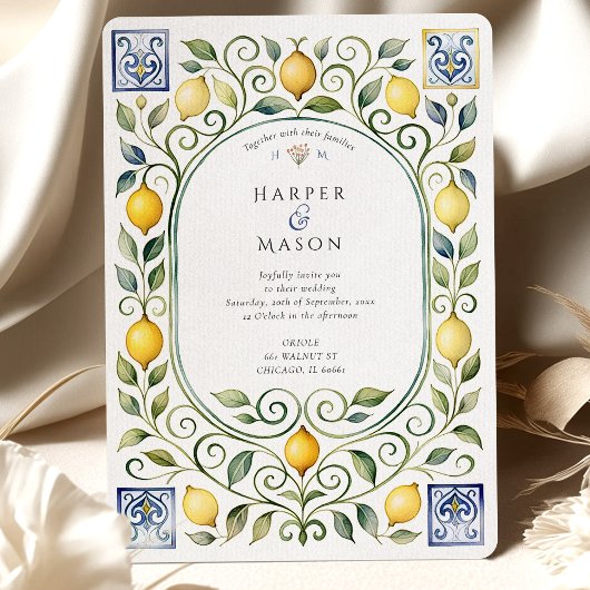 Elegant Italian Lemon & Blue Tile Wedding Kaart