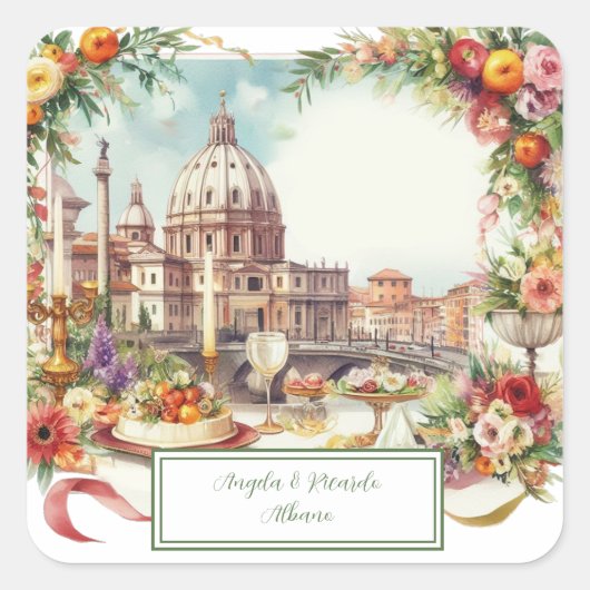Elegant Italië, uitnodiging voor een diner in Flor Vierkante Sticker (Voorkant)