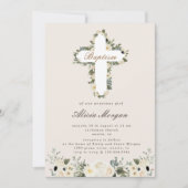 Élégant ivoire Floral Cross Baptism Invitation (Devant)