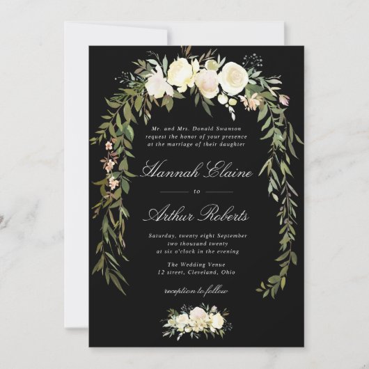 élégant ivoire floral faire-part de mariage noire (Devant)