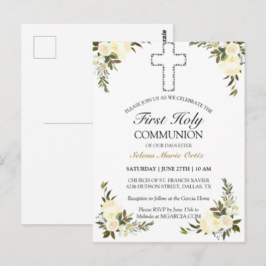 Elégant ivoire Floral First Holy Communion Carte p (Devant / Derrière)